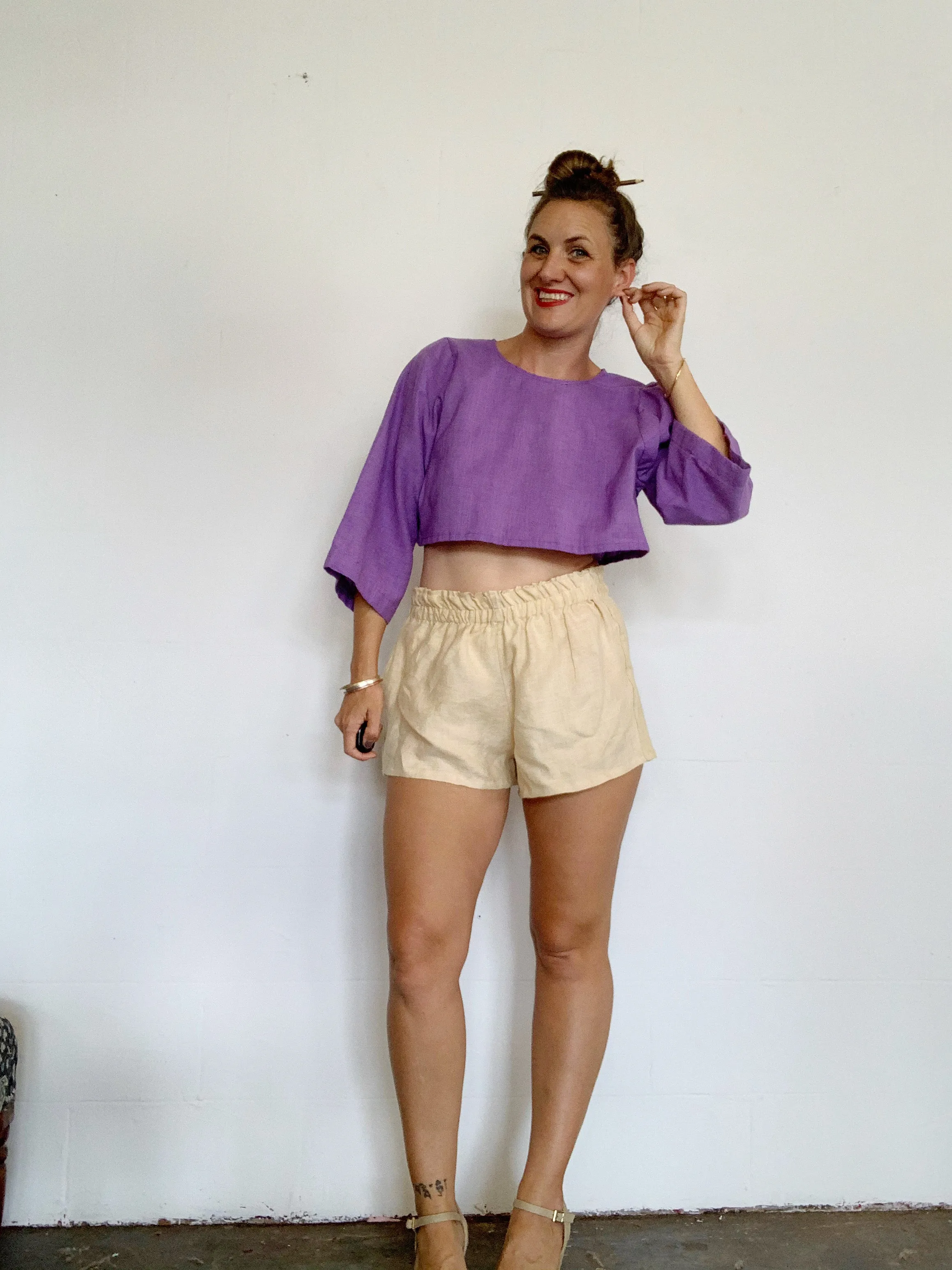 elastic waist  linen shorties pomegranate dyed