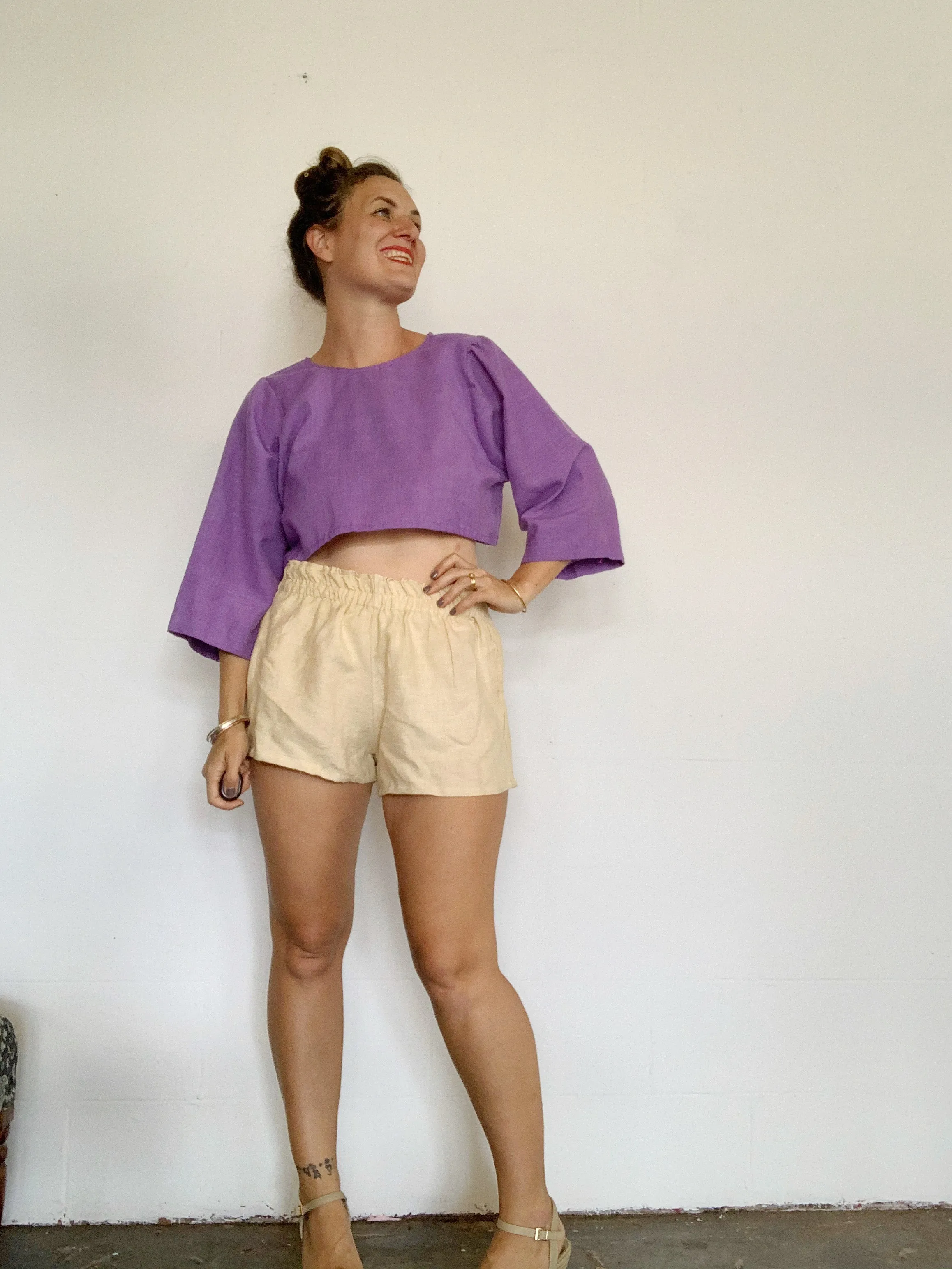 elastic waist  linen shorties pomegranate dyed