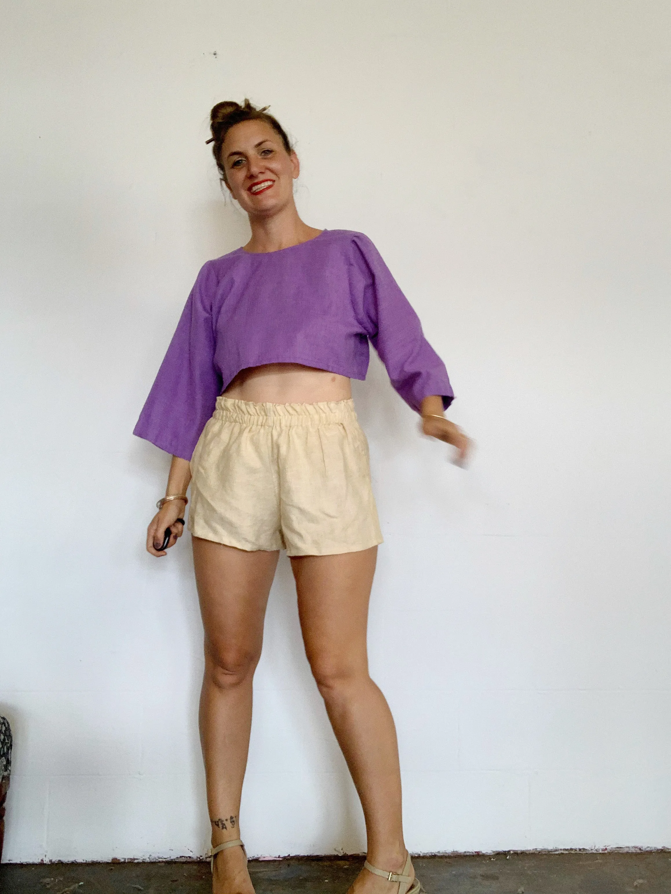elastic waist  linen shorties pomegranate dyed