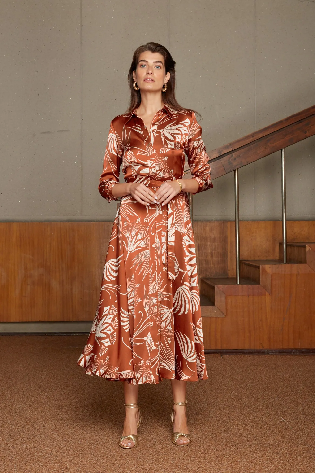 EVAN floral printed brown midi shirt dress