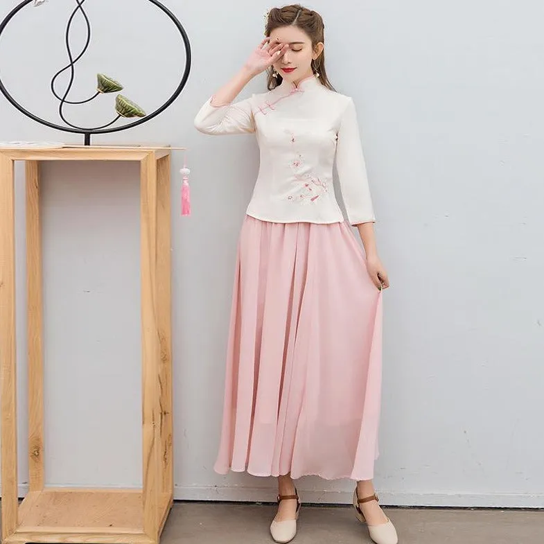 Floral Embroidery Shirt Chiffon Skirt Chinese Style Women's Suit