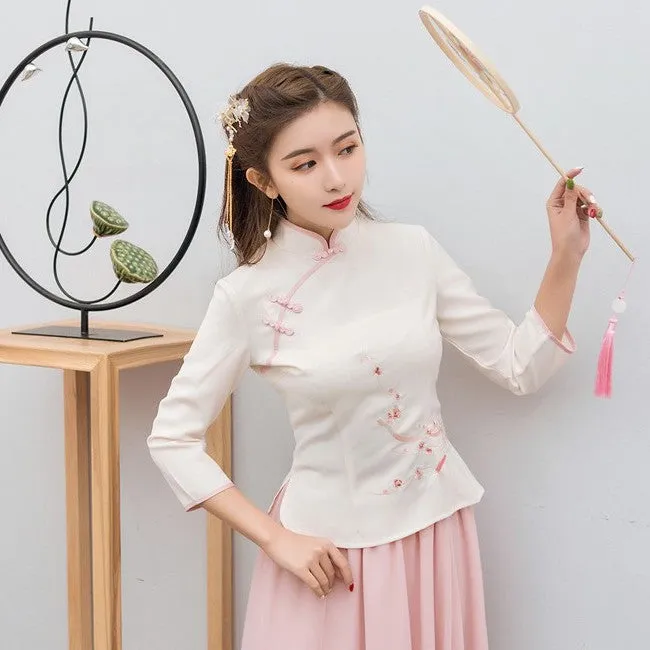 Floral Embroidery Shirt Chiffon Skirt Chinese Style Women's Suit