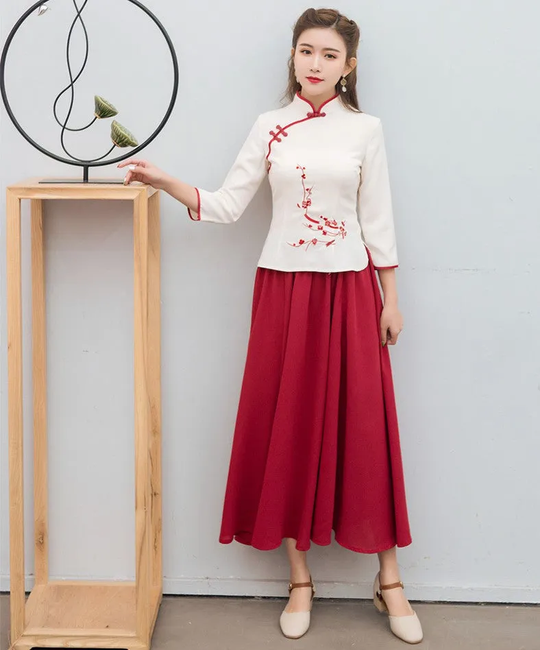 Floral Embroidery Shirt Chiffon Skirt Chinese Style Women's Suit