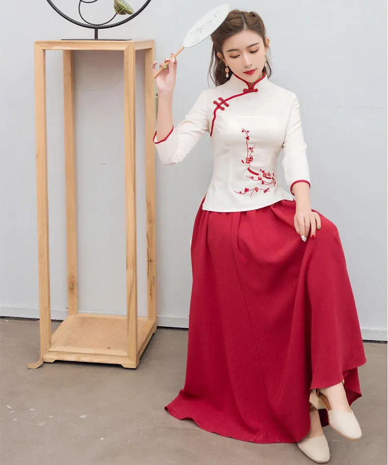 Floral Embroidery Shirt Chiffon Skirt Chinese Style Women's Suit