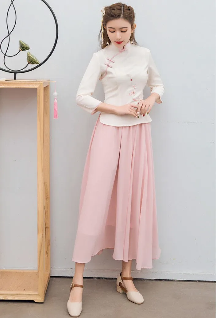 Floral Embroidery Shirt Chiffon Skirt Chinese Style Women's Suit