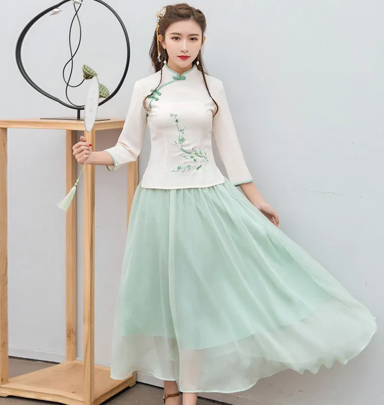 Floral Embroidery Shirt Chiffon Skirt Chinese Style Women's Suit