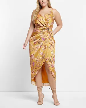 Floral Satin Twist Waist Hi-Lo Midi Dress in Yellow Print