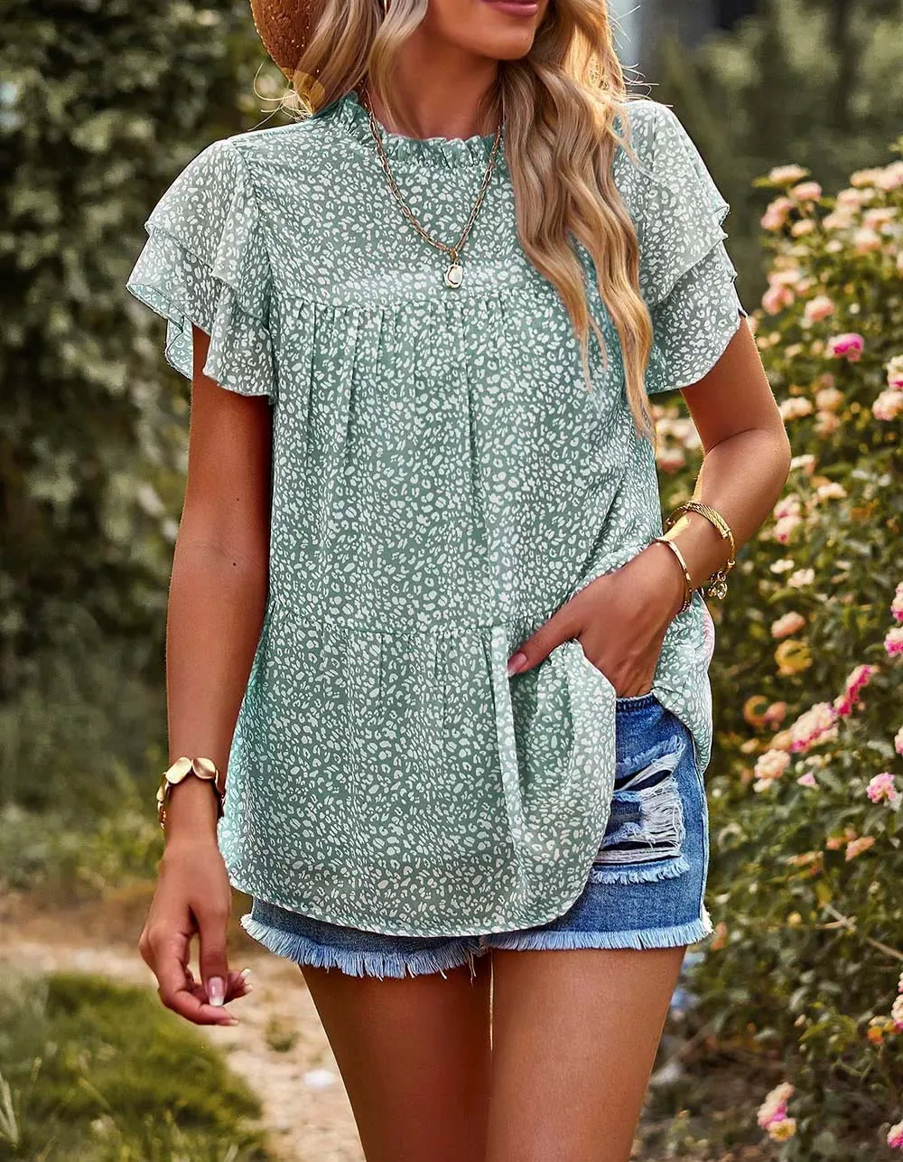 Flounce sleeve Polka Dot Round Neck Chiffon Shirt
