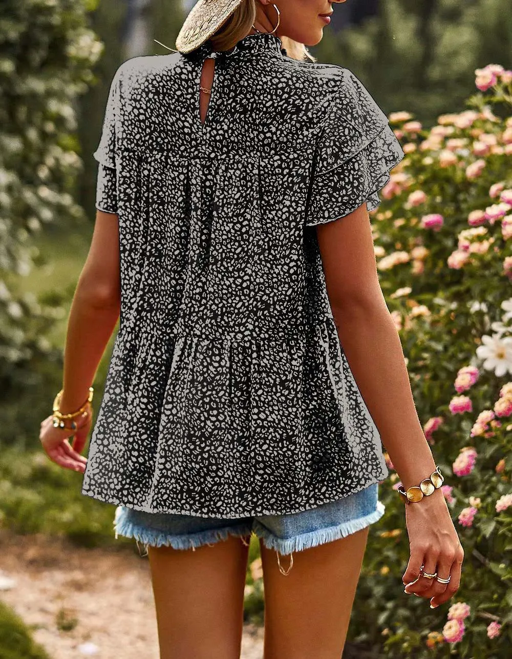 Flounce sleeve Polka Dot Round Neck Chiffon Shirt