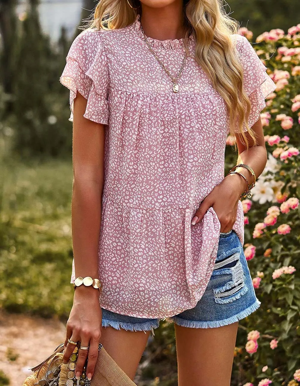 Flounce sleeve Polka Dot Round Neck Chiffon Shirt