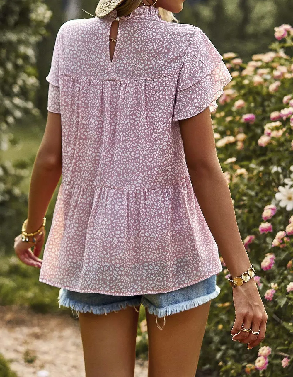 Flounce sleeve Polka Dot Round Neck Chiffon Shirt