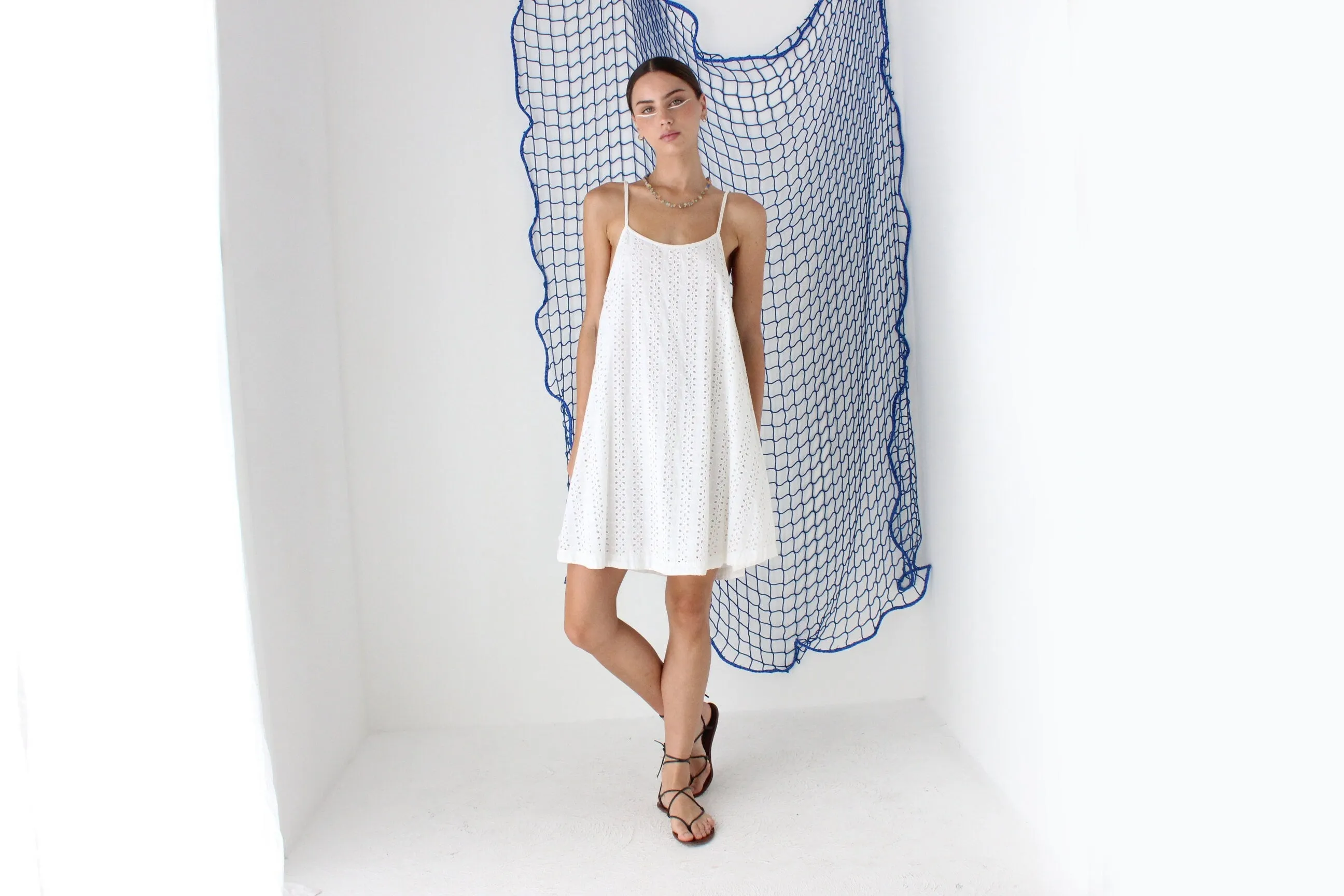 FOUND IN GREECE 90s Eyelet Cotton Trapeze Mini