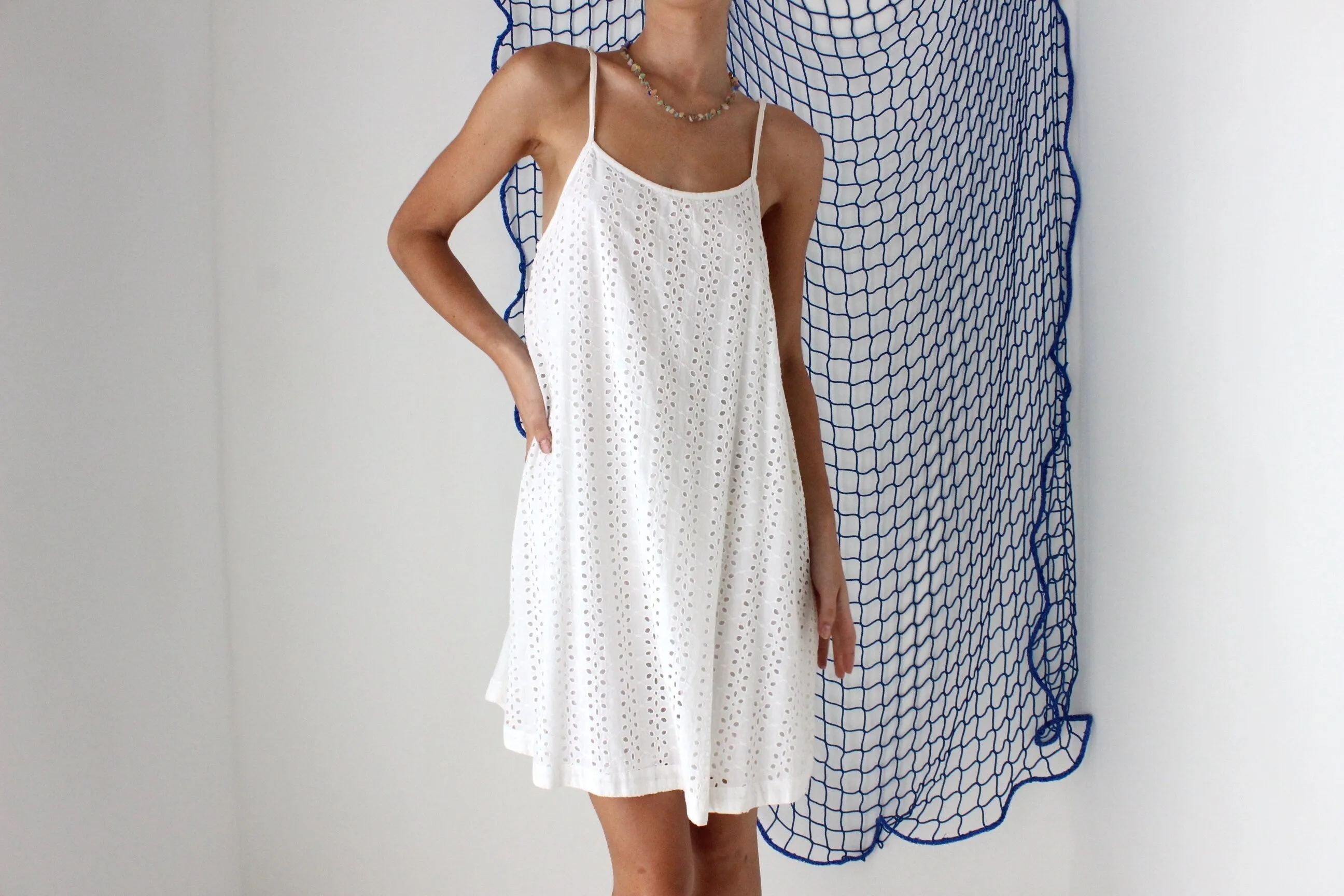 FOUND IN GREECE 90s Eyelet Cotton Trapeze Mini