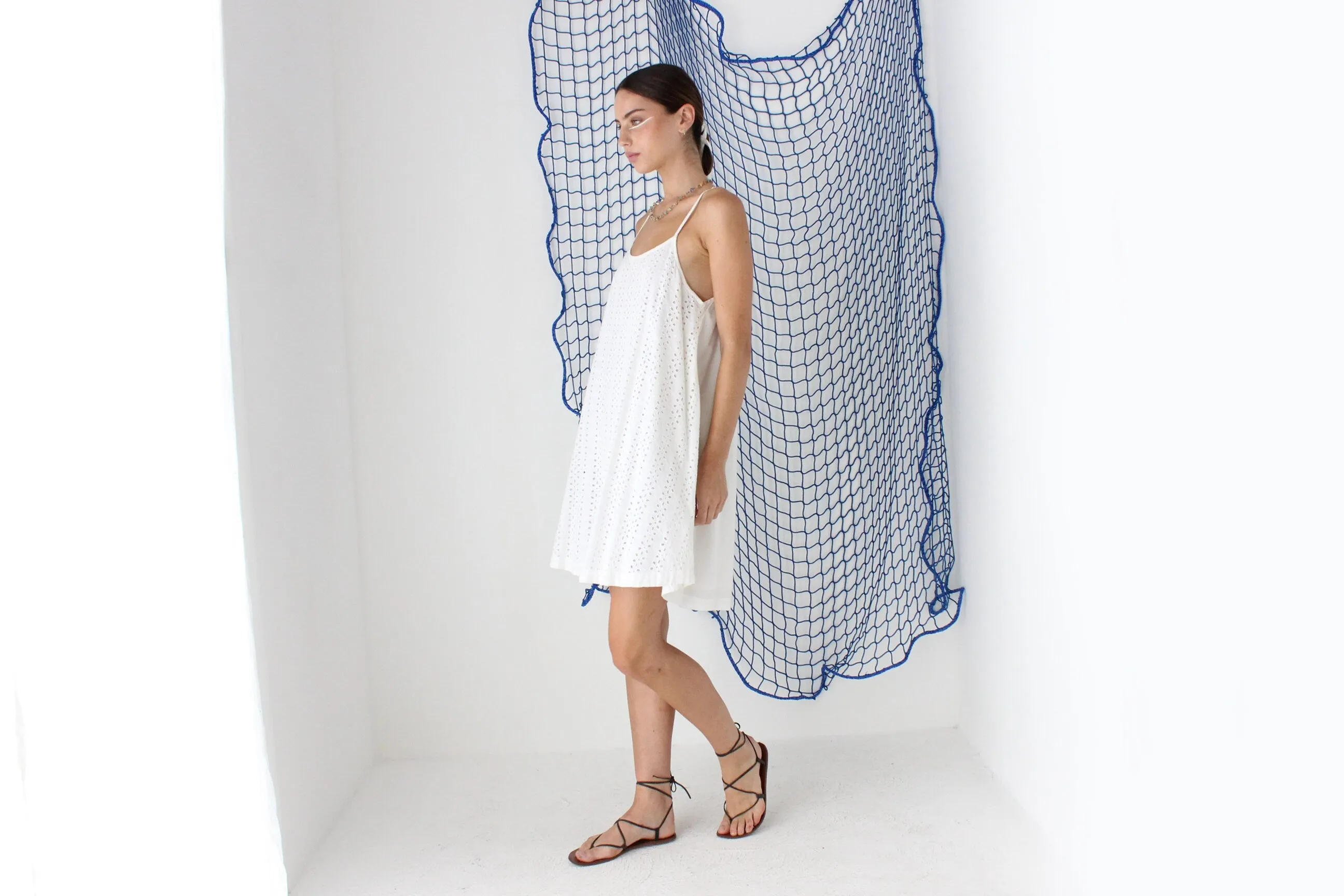 FOUND IN GREECE 90s Eyelet Cotton Trapeze Mini