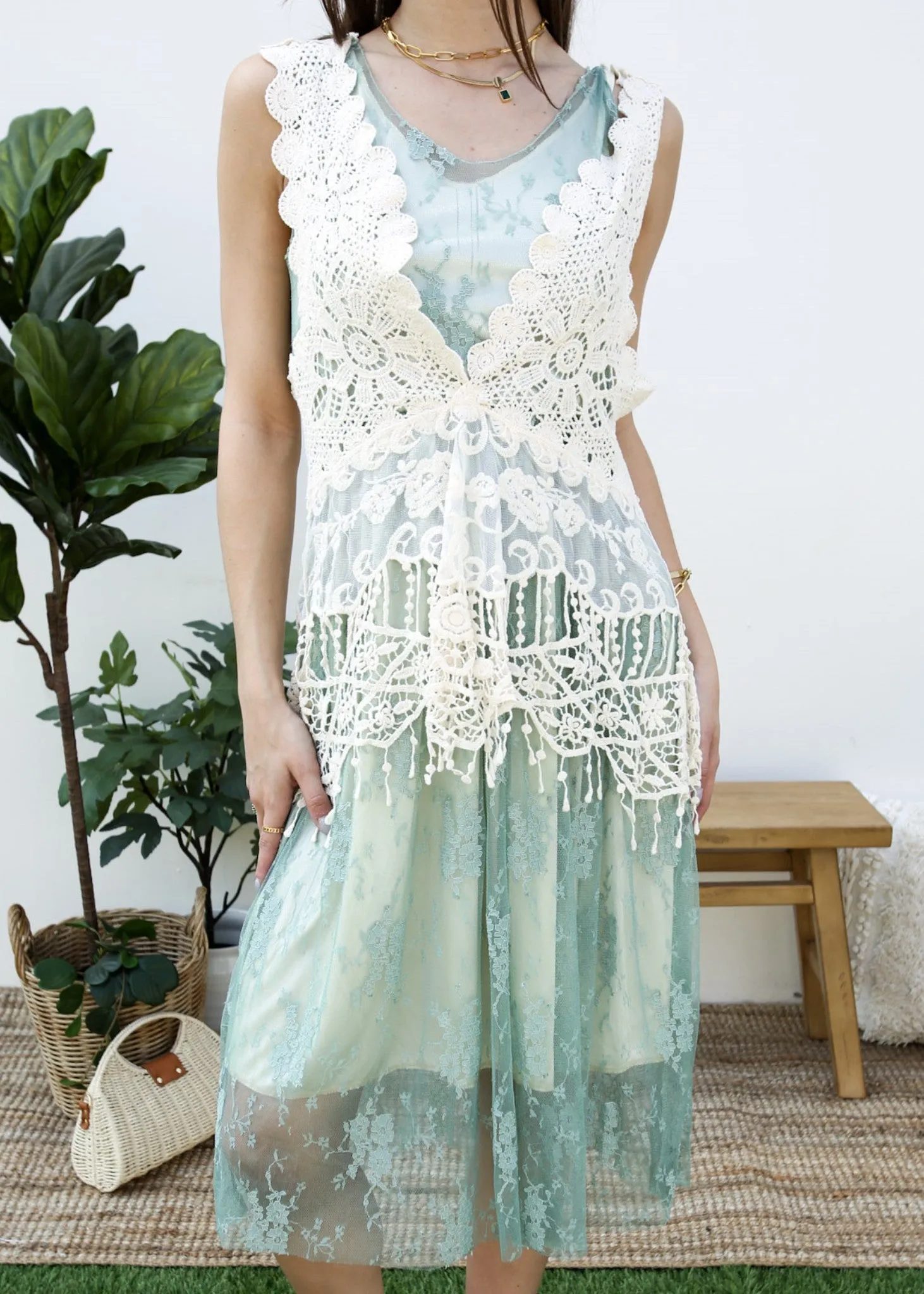 Gatsby Crochet Vest Lace Dress Set