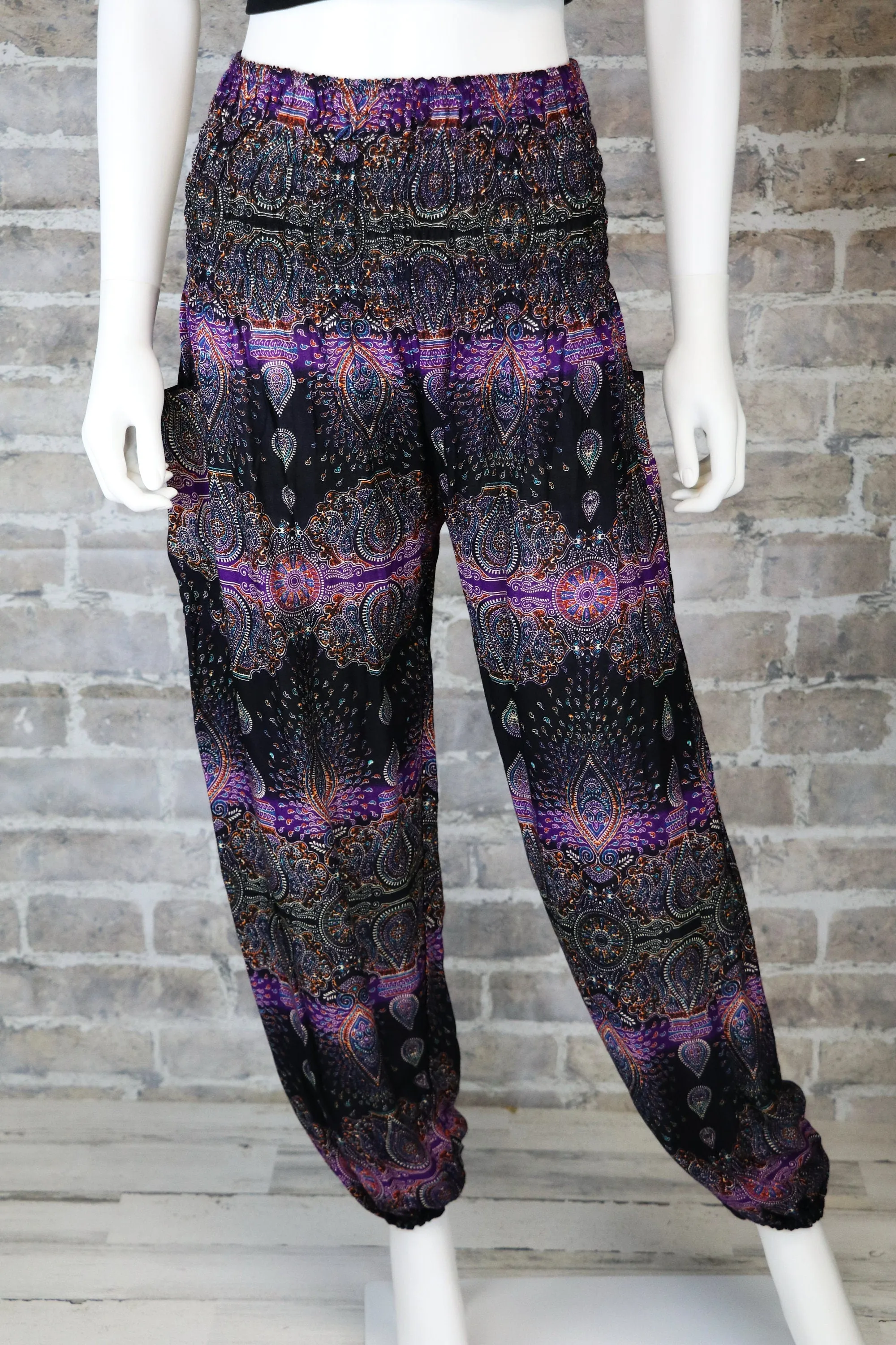 Harem Pants Women's Smocked Baggy Bohemian Boho Hippie Yoga Casual Pants, Unisex Pants, 2 Pockets, Paisley
