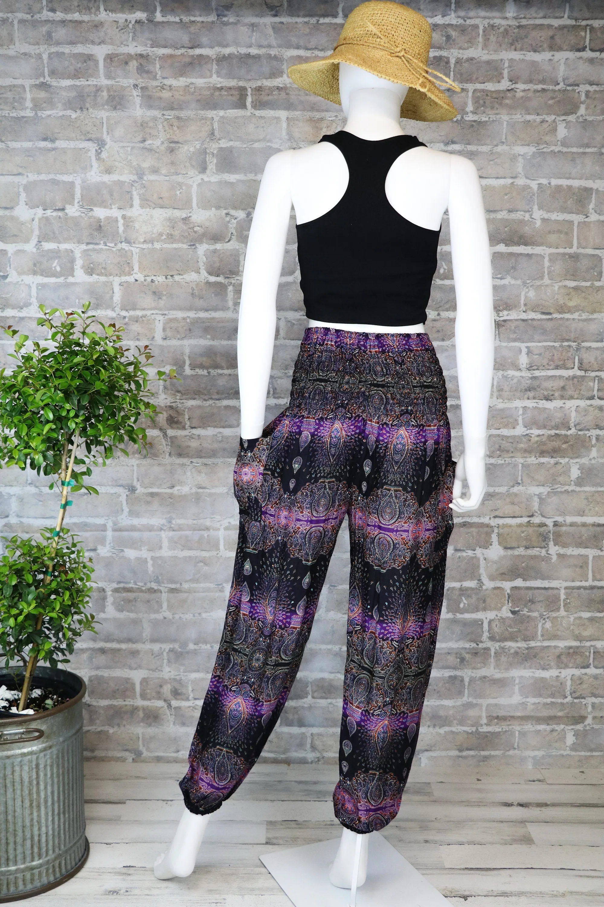 Harem Pants Women's Smocked Baggy Bohemian Boho Hippie Yoga Casual Pants, Unisex Pants, 2 Pockets, Paisley