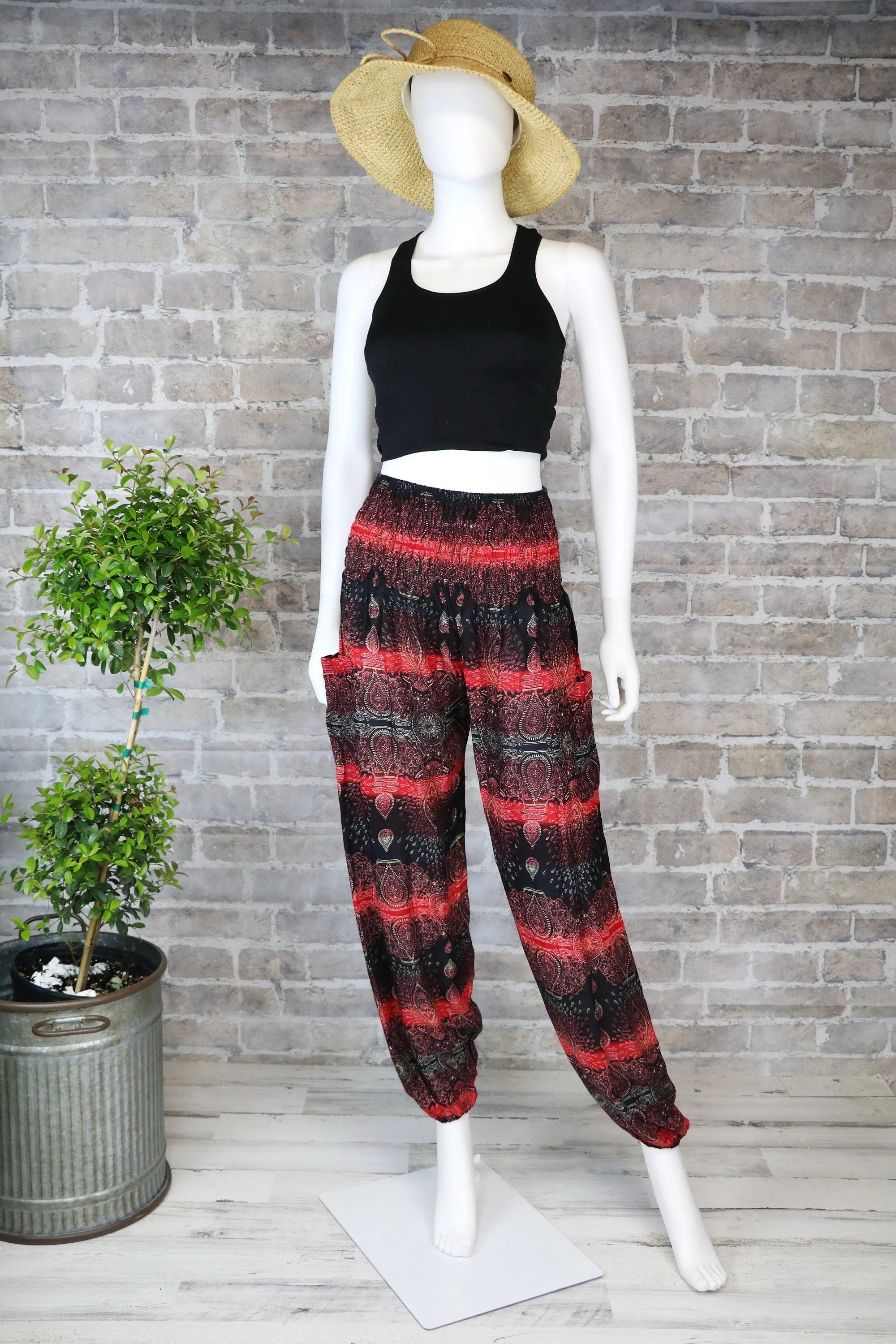Harem Pants Women's Smocked Baggy Bohemian Boho Hippie Yoga Casual Pants, Unisex Pants, 2 Pockets, Paisley