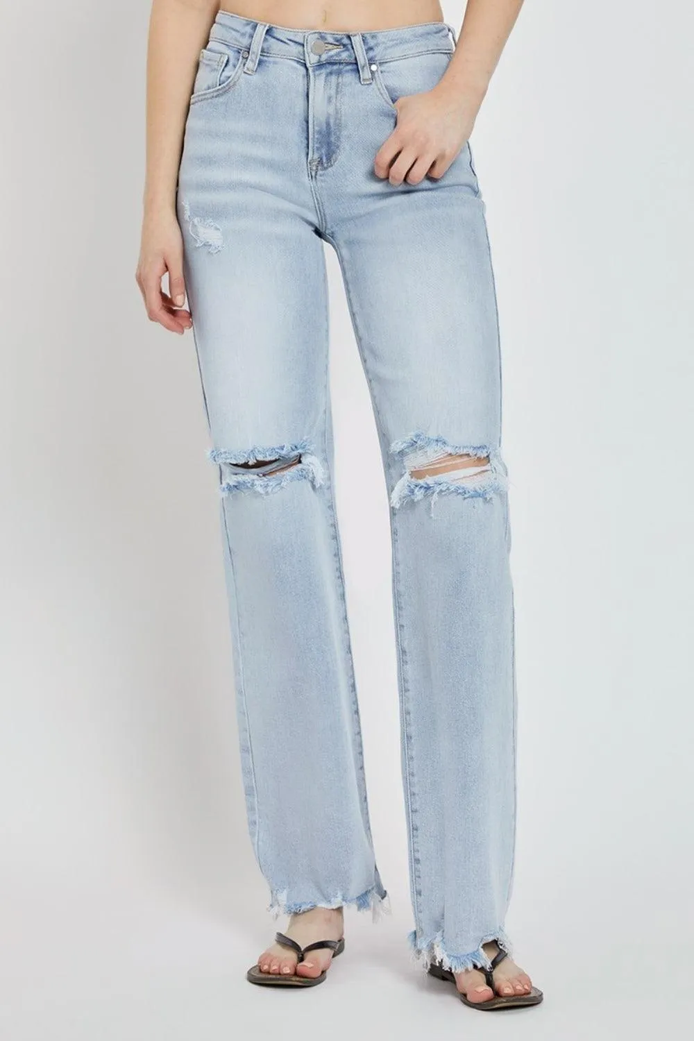High Rise Distressed Wide Leg Jeans- Regular and Plus Size