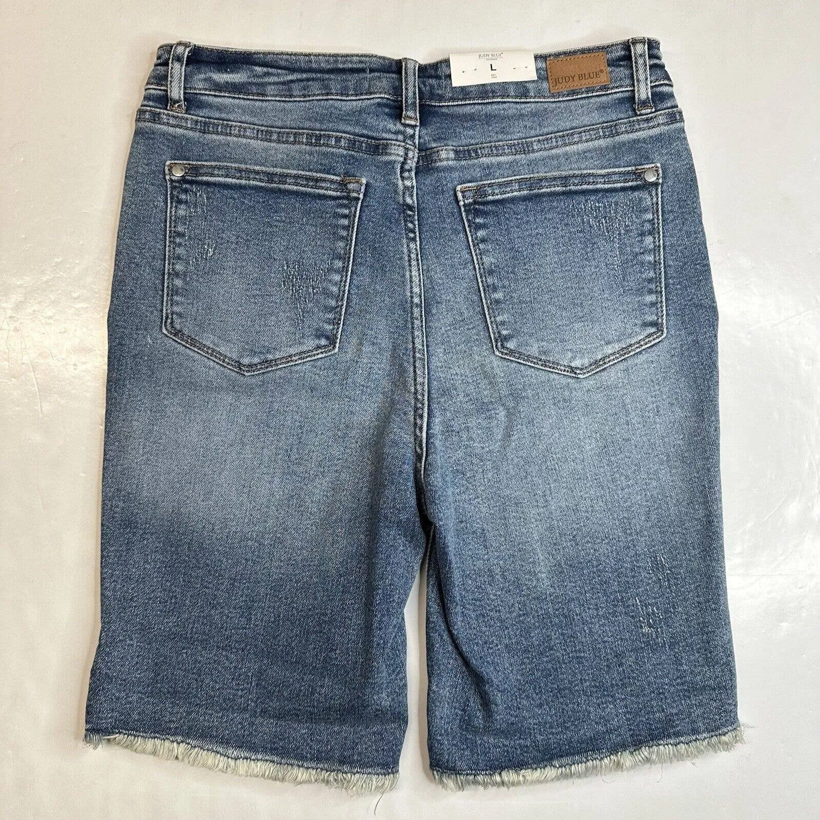 Judy Blue Aubrey High Waist Bermuda Shorts Sz Large Denim Blue Jean Distress NEW