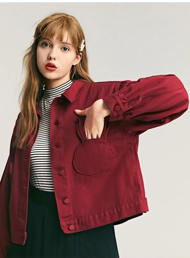 LEDDIN DESIGN RABBIT POCKET DETAIL CROPPED DENIM JACKET