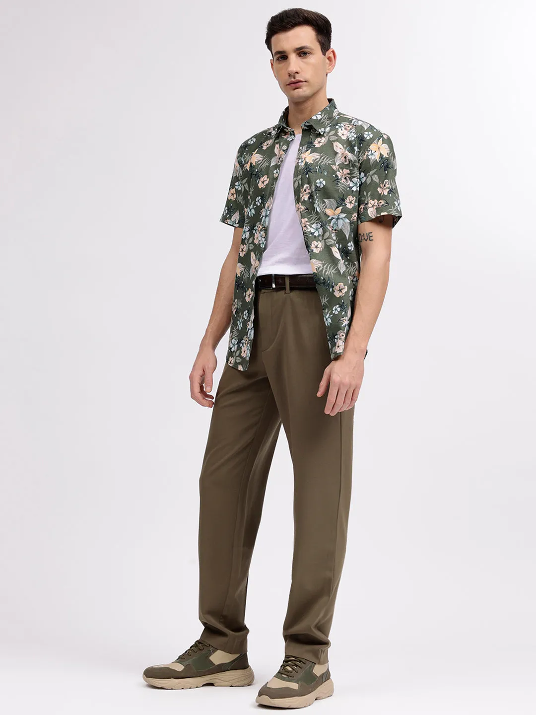 Lindbergh Men Green Floral Print Button-down Collar Short Sleeves Shirt