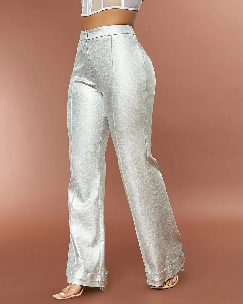 Metallic Bell Bottom Slim-Fit Trousers