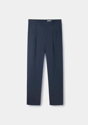 Navy Cotton Linen High-Waisted Pleated Trousers
