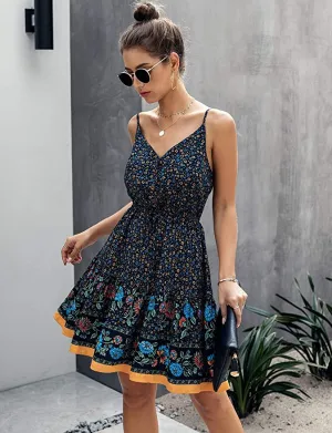 New Caiecase Women's Sleeveless V Neck Floral Print Elastic Button Flare Boho Summer Mini Dress, Sz XL!