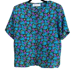 New Focus Vintage Boho Cottage Floral Teal Purple Short Sleeve Button Up Blouse