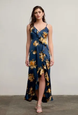 Night Fall Satin Ruffled Maxi Dress