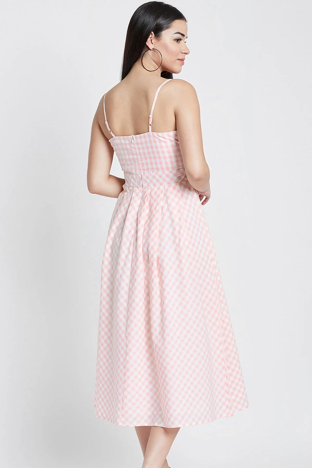 Peach Cotton Checkered Dress