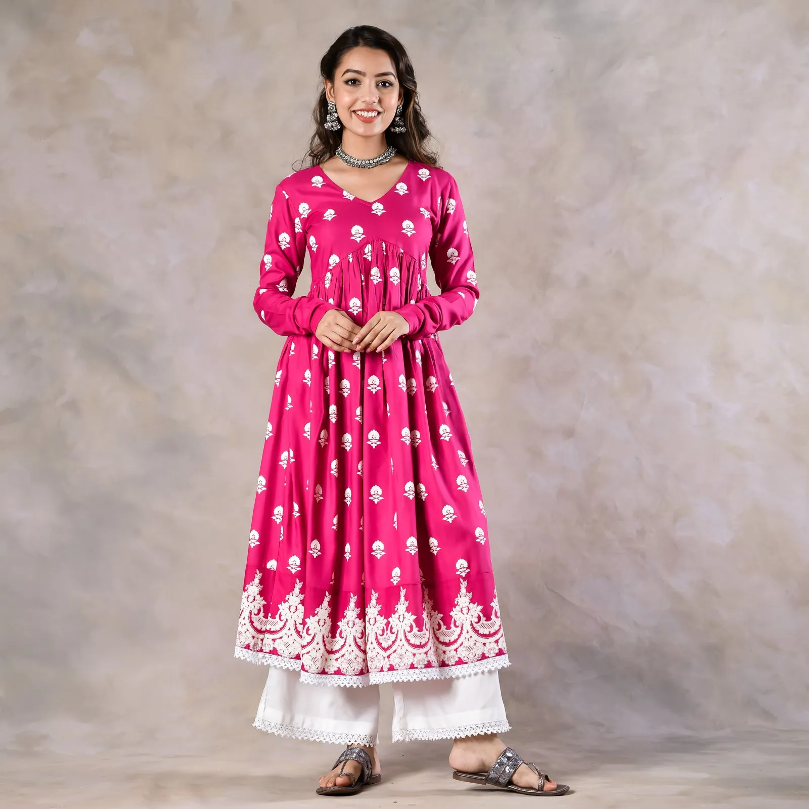 Pink Front Gathered Kurta Pant Co-ord Set
