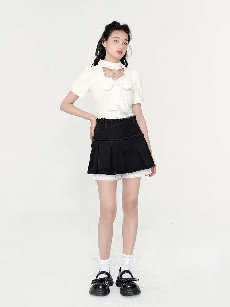Pleated Denim Shorts Lace Culottes