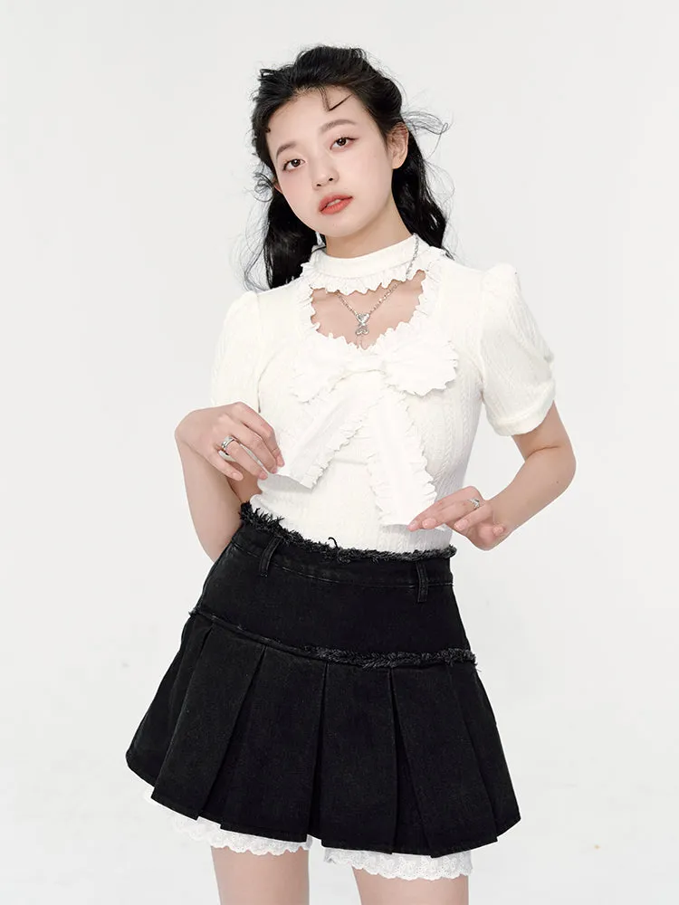 Pleated Denim Shorts Lace Culottes