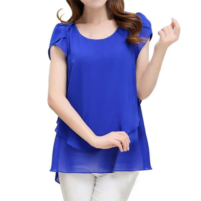 Plus Size - Womens Short Sleeve Chiffon Blouse Peplum Summer Tops Ladies Long Office Shirts Plus Size Ruffle Blouse Femme (US 8-20W)