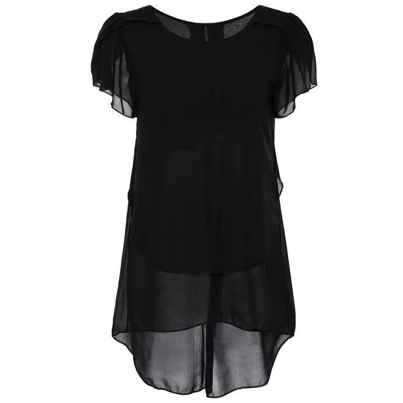 Plus Size - Womens Short Sleeve Chiffon Blouse Peplum Summer Tops Ladies Long Office Shirts Plus Size Ruffle Blouse Femme (US 8-20W)