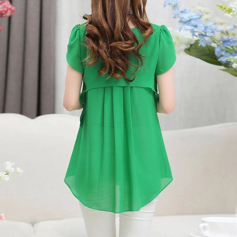 Plus Size - Womens Short Sleeve Chiffon Blouse Peplum Summer Tops Ladies Long Office Shirts Plus Size Ruffle Blouse Femme (US 8-20W)