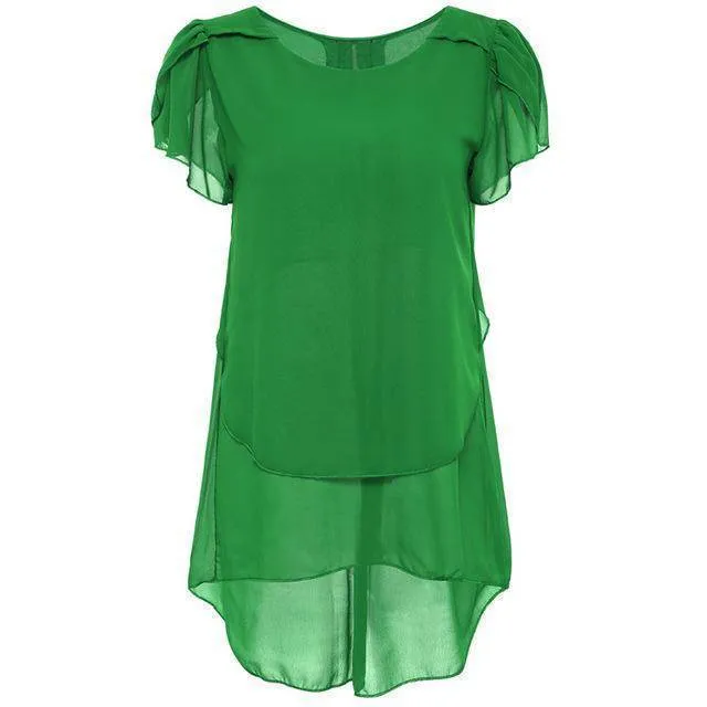 Plus Size - Womens Short Sleeve Chiffon Blouse Peplum Summer Tops Ladies Long Office Shirts Plus Size Ruffle Blouse Femme (US 8-20W)