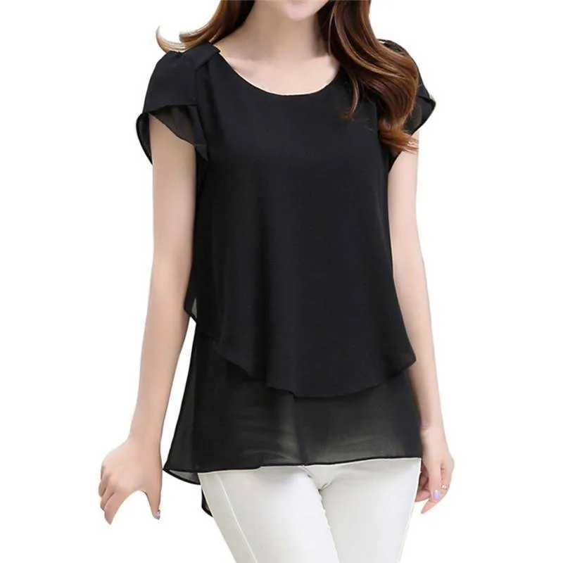 Plus Size - Womens Short Sleeve Chiffon Blouse Peplum Summer Tops Ladies Long Office Shirts Plus Size Ruffle Blouse Femme (US 8-20W)