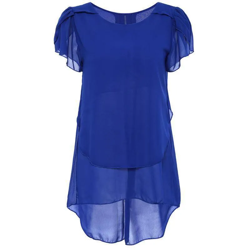 Plus Size - Womens Short Sleeve Chiffon Blouse Peplum Summer Tops Ladies Long Office Shirts Plus Size Ruffle Blouse Femme (US 8-20W)