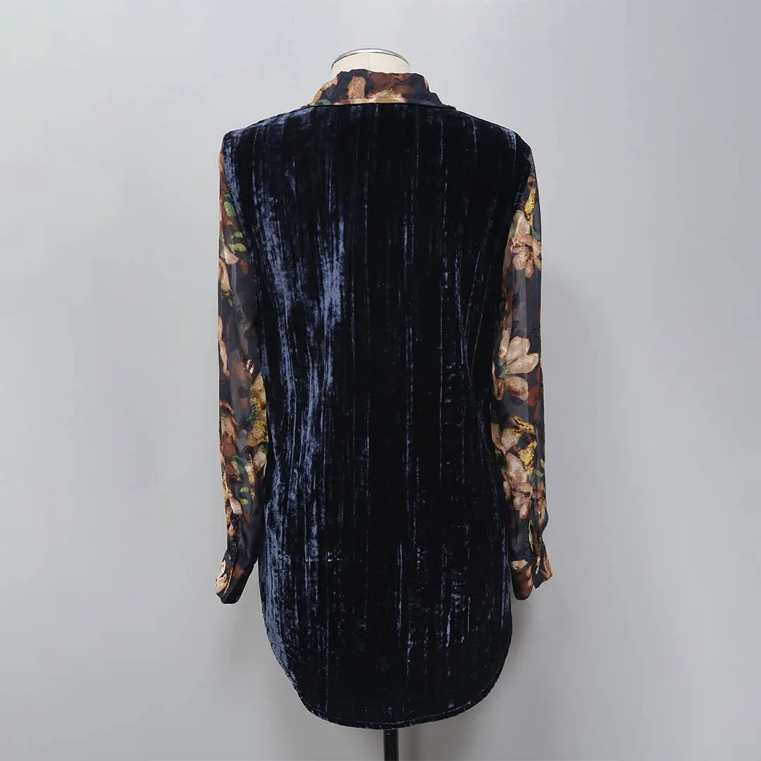 Print Chiffon Shirt w/Crushed Velvet Back