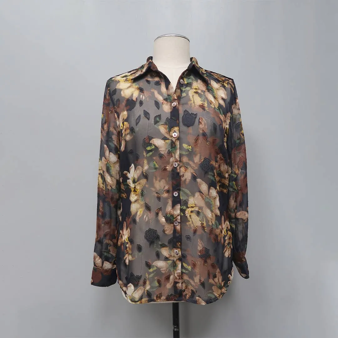 Print Chiffon Shirt w/Crushed Velvet Back