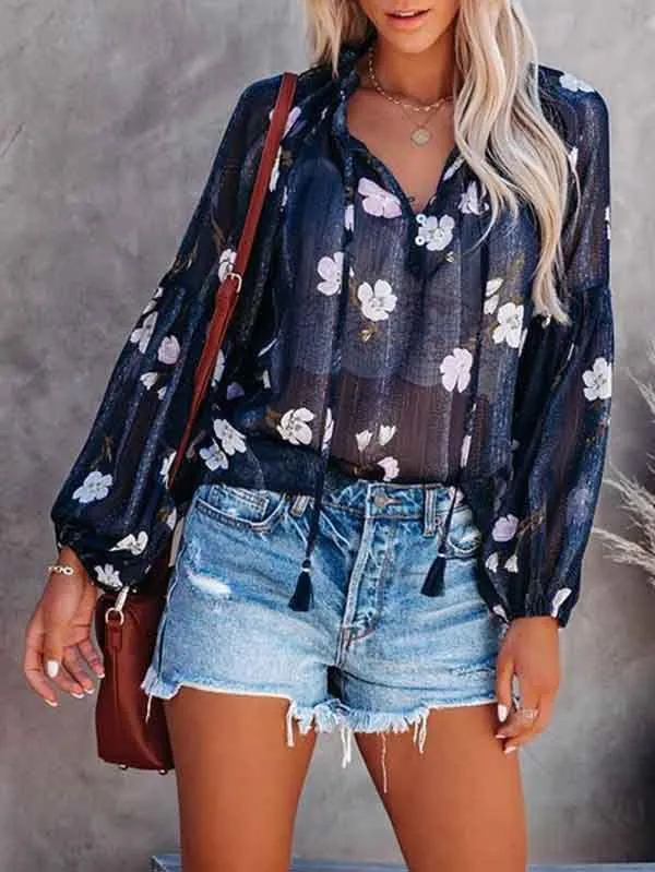 Puff Sleeve Drawstring Sheer Floral Shirt Women