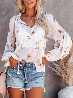 Puff Sleeve Drawstring Sheer Floral Shirt Women