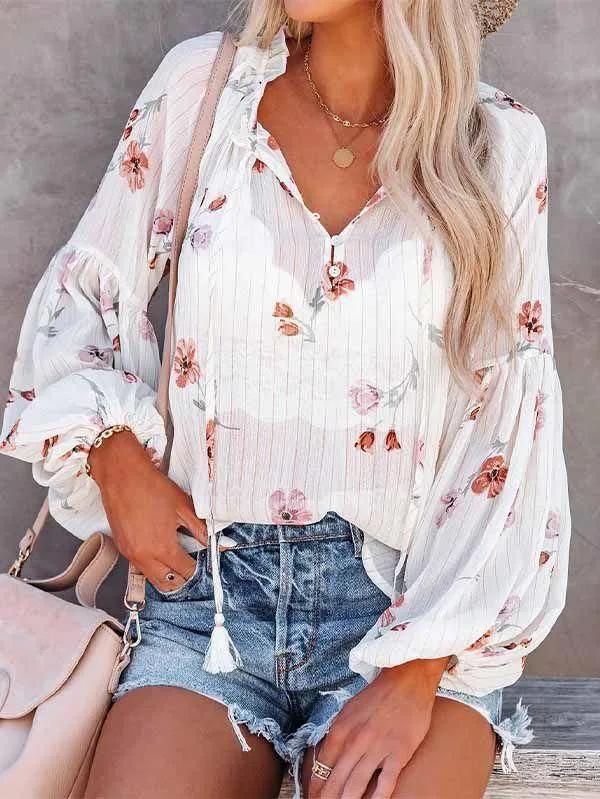 Puff Sleeve Drawstring Sheer Floral Shirt Women