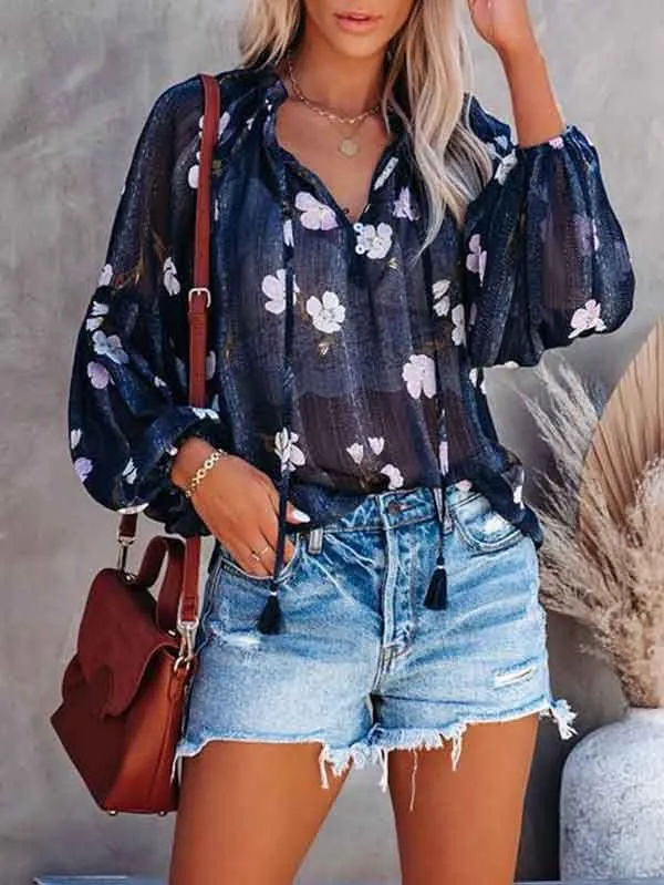 Puff Sleeve Drawstring Sheer Floral Shirt Women