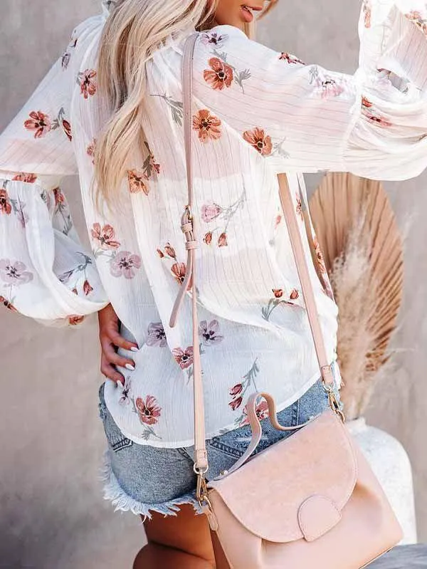 Puff Sleeve Drawstring Sheer Floral Shirt Women