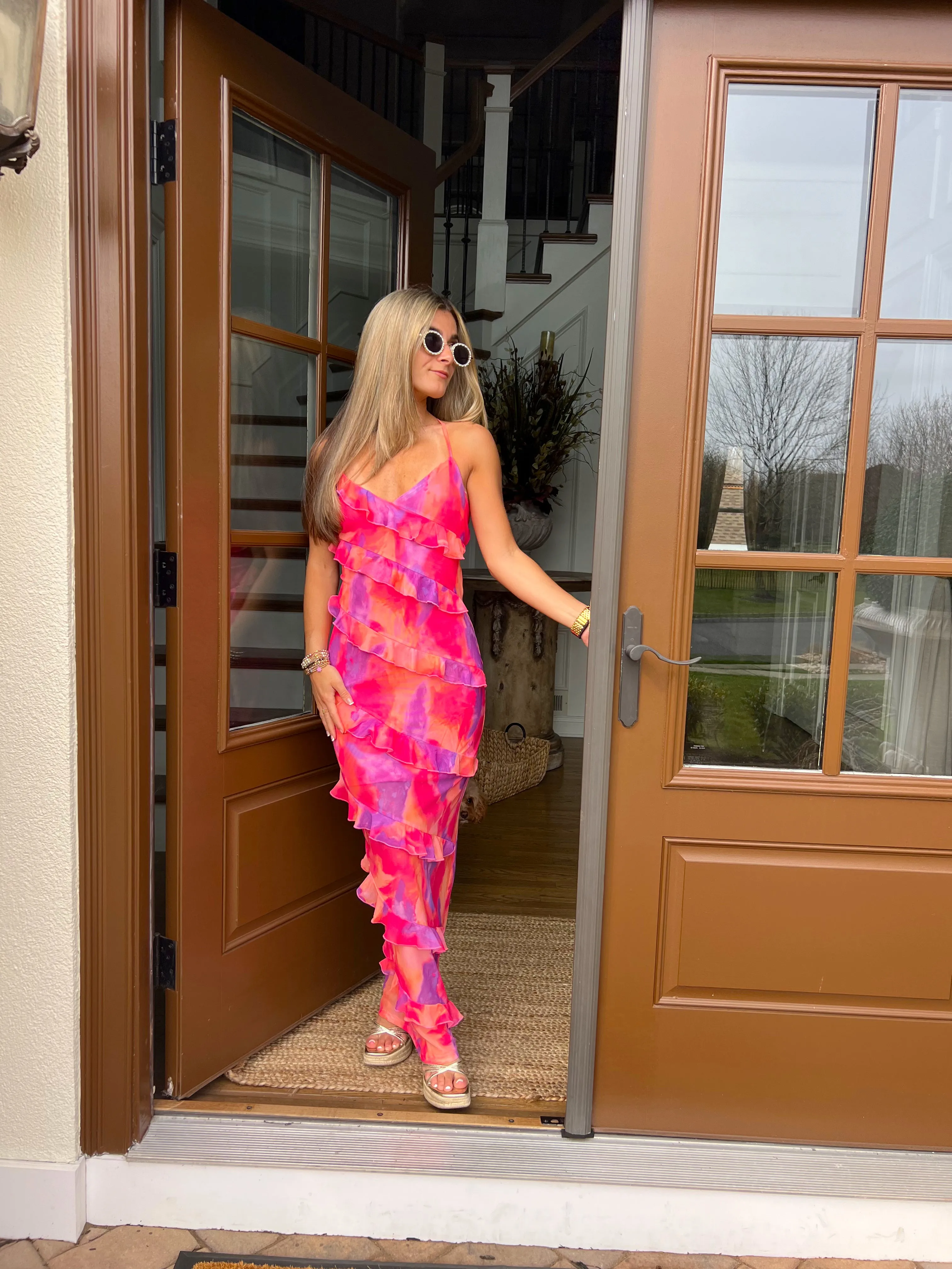 "Bahamas Sunset" Colorful Fitted Ruffled Maxi Dress