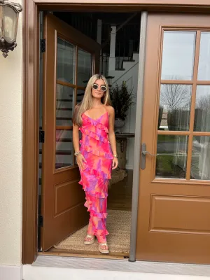 "Bahamas Sunset" Colorful Fitted Ruffled Maxi Dress